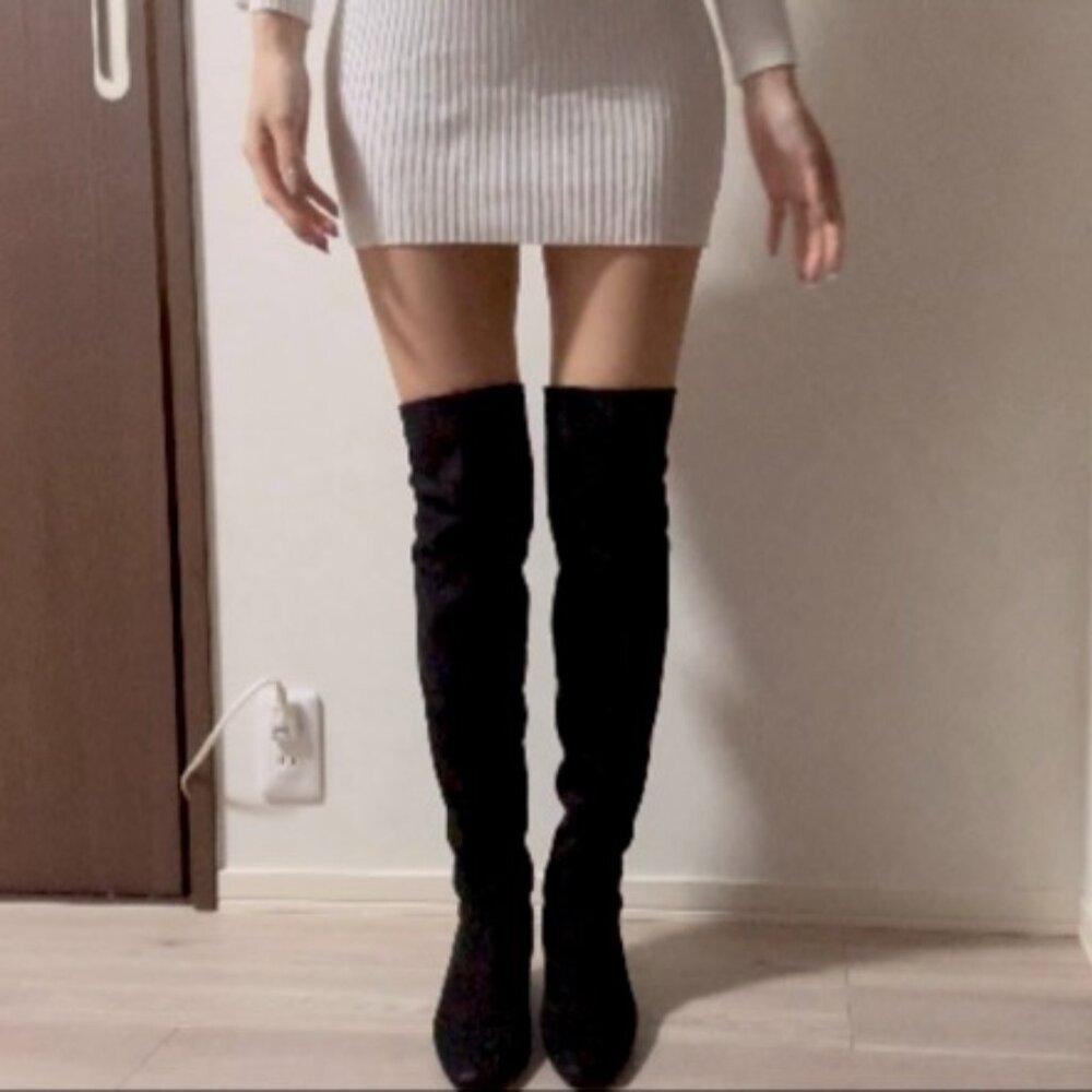 RANDA Black Faux Suede Over-The-Knee OTK Boots - Square Toe - Size 7 - Pre-owned